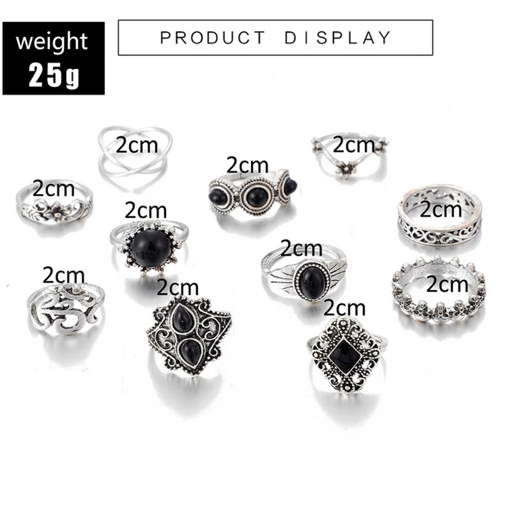 BRAND NEW Set Black Stone & Silver Tone Bohemian 10 Finger Gypsy Rings - Picture 3 of 4